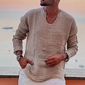 abordables Vacances-Homme Chemise Lin Chemisette Chemise d&#039;été Tenues de plage Chemise décontractée Plein Vacances Curise Blanche Bleu Marron Kaki manche longue Col V Printemps été Vêtement Tenue