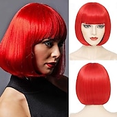 baratos Perucas de festa-Peruca Bob com Franjas Peruca Bob Curta Branca para Mulheres Peruca Reta Bob com Franjas de 10 Polegadas Resistente ao Calor Cabelo Sintético Natural para Uso Diário e de Festa Perucas de Halloween