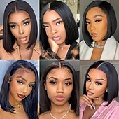 baratos Perucas de seda frontais de cabelo natural-150% densidade nenhuma peruca frontal de renda feita à máquina peruca bob reta cabelo humano com franja peruca bob curta com franja cabelo humano bob com franja