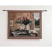baratos Tapeçarias tecidas em jacquard-tapeçaria tecida jacquard gobelin aubusson arte de parede pendurada grande tapeçaria reprodução tear tecido de algodão tulipas em um vaso tapeçaria belga (sem borlas e haste)