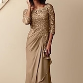 voordelige Vloerlengte-Sheath Moeder van de Bruid Jurk Elegante Bateau Hals Vloerlengte Chiffon Kant 3/4 Lengte Mouw met Kant vrije aangepaste maat