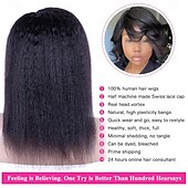 cheap Human Hair Capless Wigs-Human Hair Wig Short Medium Length kinky Straight Yaki Straight Side Part With Bangs Black Natural Color Natural Black Women Adjustable Thick Machine Made Capless Brazilian Hair All Natural Black #1B