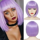 baratos Perucas de festa-Peruca Bob com Franjas Peruca Bob Curta Branca para Mulheres Peruca Reta Bob com Franjas de 10 Polegadas Resistente ao Calor Cabelo Sintético Natural para Uso Diário e de Festa Perucas de Halloween