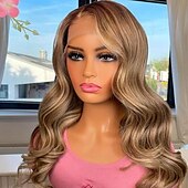 abordables Perruques à dentelle frontale-Perruque Cheveux vierges non transformés 13x4 devant en dentelle Cheveux Brésiliens Ondulé Multicolore Partie latérale Femme Densité 130% 150% avec des cheveux de bébé Mèches Colorées / Balayées