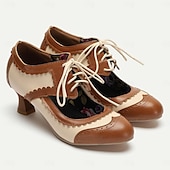 olcso 1950-es évek-vintage oxford fűzős női brogue-sarkú – kéttónusú retro stílusú cipő elegáns virágos talpbetéttel és cicasarokkal formális és hétköznapi alkalmakra