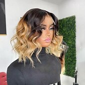 baratos Perucas de seda frontais de cabelo natural-Cabelo virgem não processado 13x4 Lace Front Peruca Bob curto Cabelo Brasileiro Ondulado Multi Cores Peruca 130% 150% Densidade do Cabelo Cabelo Ombre Riscas Naturais 100% Virgem Sem cola Pré-depenado