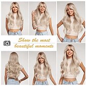 baratos Perucas de festa-Peruca Longa Cacheada Loira para Mulheres Cabelo Sintético com Franjas Peruca Ondulada com Raízes Escuras Cosplay Diário Alta Densidade Resistente ao Calor Perucas de Halloween