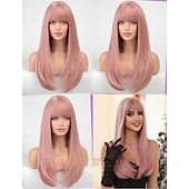 billiga Pelucas de fiesta-Wigs for Women Layered Straight Long Wig with Bangs Natural Synthetic Hair Halloween Cosplay Party Wigs
