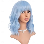 abordables Perruques de fête-Perruque courte bob bleue pour femmes perruque bouclée ondulée avec frange aérienne résistante à la chaleur perruques synthétiques pour un usage quotidien Halloween et soirées cosplay