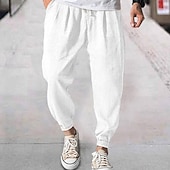 baratos Clássico-Homens Corredor Calças de linho Calças Calça verão Com Cordão Cintura elástica Tecido Conforto Respirável Diário Praia Moda Roupa de rua ダークカーキ Preto Micro-Elástica