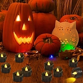 billiga Ljusljus-12st svarta led värmeljus halloween nattlampor levande ljus utomhus inomhus trädgård halloween inredning halloween elektriska ljus batteridrivna halloween lyktor semester fest dekorationer