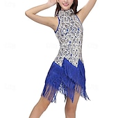 billiga Sjalar-kvinnor paljett tofs flapper klänning ärmlös stativ krage glittrande fransar latinska klänningar salsa cha-cha jazz dans kostymer