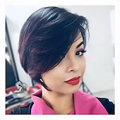 abordables Pelucas naturales de malla-Pelucas de corte pixie con flequillo, peluca bob corta, cabello humano para mujeres negras, pelucas cortas con corte pixie, pelucas sin encaje frontal, peluca completa sin pegamento hecha a máquina