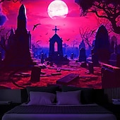baratos tapeçarias de parede de halloween-Tecido de Halloween Caveiras Tecido de Luz Negra Reativo UV Brilho no Escuro Cemitério Nebuloso Pendurado Arte de Parede Mural para Sala de Estar Quarto