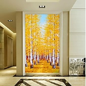 abordables Peintures paysages-grand art peint à la main vertical jaune tan bouleau forêt automne paysage peinture épaisse couteau à palette peinture à l&#039;huile sur toile sans cadre