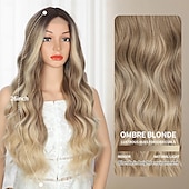 abordables Perruques de fête-perruque blonde pour femme, perruque longue ondulée avec racines foncées, 26 pouces, partie centrale, cheveux en fibre synthétique pour une utilisation quotidienne, fête, carnaval