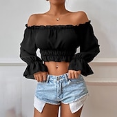 preiswerte Damen Einfache Oberteile-Hemd Bluse Damen Schwarz Glatt Bauchfreies Top Strasse Täglich Modisch Schulterfrei Regular Fit S