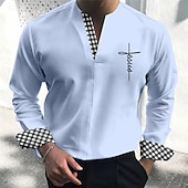 cheap Men&#039;s Casual Shirts-Men&#039;s Shirt Summer Shirt Casual Shirt Sky Blue khaki Gray Light Blue Long Sleeve Plaid Color Block Faith V Neck Holiday Vacation Patchwork Clothing Apparel Fashion Chinese Style Casual Comfortable