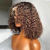 abordables Perruques à dentelle frontale-Perruque Cheveux vierges non transformés 13x4 devant en dentelle Cheveux Brésiliens Bouclé Ondulation Marron Bob court Femme Densité 130% 150% avec des cheveux de bébé Cheveux Colorés Ligne de