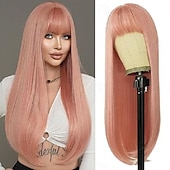 economico Parrucche da festa-parrucca lunga e dritta con frangia parrucche sintetiche a strati in fibra naturale resistente al calore per donne ragazze parrucche per feste di carnevale cosplay