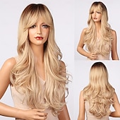 cheap Synthetic Trendy Wigs-Blonde Wig with Bangs - Long Wavy Ombre Curtain Bang Wigs for White Women, Light Ash Blond Dark Roots Synthetic Heat Resistant Hair, Natural Cute Strawberry Wigs for Halloween/Christmas