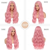 economico Parrucche da festa-Parrucca Rosa - Parrucche Lunghe Rosa Ondulate per Donne con Divisione Centrale Parrucca Rosa Pastello 26 pollici Parrucca Naturale Riccia in Fibra Sintetica Resistente al Calore per Uso Quotidiano