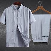 cheap Men&#039;s Tee Sets-Men&#039;s T-shirt Suits Shirt and Pant Sets 2 Pieces Outfits Short Sleeve Standing Collar Summer Chinese character Fashion Chinese Style Casual 2 Piece Vacation Daily Wear Going out White Beige Gray Top