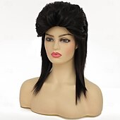 tanie Peruki historyczne-Czarne peruki Mullet dla kobiet kręcone ramionowe puszyste włosy lat 70. i 80. rocker cosplay syntetyczne (czarne) Halloween