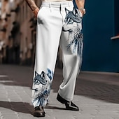 billige Løs-Herre Ulv Dressbukser Medium Midje Business Casual Formell Hverdag Lomme Bukser med rett ben Sommer Vår Høst 3D-utskrift Blå