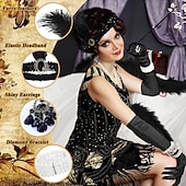 ieftine Rochii din anii 1920-Set Urlați 20 de ani Anii 1920 Lungime Genunchi Rochie Flapper Ținute Rochie de bal cu accesorii Fără mâneci Gatsby Charleston Invitat la nuntă Paiete Franjuri Pană În V Costume de fancy Pentru femei