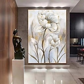 preiswerte Stillleben-Gemälde-Ölgemälde mit Blumen in Goldfolie, handgefertigtes Ölgemälde mit Blumen, handgemaltes Ölgemälde mit weißer Rose, impressionistisches Ölgemälde für Wohnzimmer, Schlafzimmer, Landschaftsölgemälde,