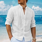 economico Vacanza-Per uomo Camicia camicia di lino Camicia Guayabera Camicia con colletto a fascia Camicia estiva Camicia da spiaggia Liscio Da mare Curise Bianco Blu marino Verde Cachi Manica lunga A fascia Primavera