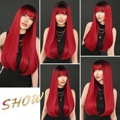 economico Parrucche da festa-parrucca lunga e dritta con frangia parrucche sintetiche a strati in fibra naturale resistente al calore per donne ragazze parrucche per feste di carnevale cosplay