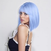 abordables Perruques de fête-Perruque bob bleu clair avec des bangs courte perruque droite bleue pour femmes cheveux mi-longs colorés perruque synthétique pour usage quotidien fête cosplay 12 pouces perruques Halloween