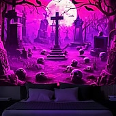 baratos tapeçarias de parede de halloween-Tecido de Halloween Caveiras Tecido de Luz Negra Reativo UV Brilho no Escuro Cemitério Nebuloso Pendurado Arte de Parede Mural para Sala de Estar Quarto