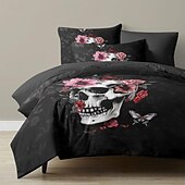 baratos Quarto de Halloween-Conjunto de capa de edredom com caveira floral de Halloween – inclui capa de edredom e fronhas – design assustador e festivo – tecido macio e confortável – perfeito para decoração de casa de Halloween