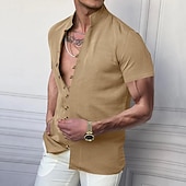 cheap Business Casual-Men&#039;s Shirt Linen Shirt Chinese Collar Shirt Mandarin Collar Shirt Casual Shirt Button Up Shirt Plain Vacation Street Black White Pink Khaki Short Sleeve Grandad Collar Summer Clothing Apparel