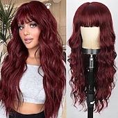 economico Parrucche da festa-Parrucca con frangia parrucca ondulata lunga per donne parrucche sintetiche ricce capelli dall&#039;aspetto naturale resistenti al calore parrucche per uso quotidiano festa cosplay 26 pollici parrucche di