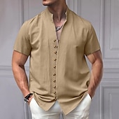 cheap Business Casual-Men&#039;s Shirt Linen Shirt Chinese Collar Shirt Mandarin Collar Shirt Casual Shirt Button Up Shirt Plain Vacation Street Black White Pink Khaki Short Sleeve Grandad Collar Summer Clothing Apparel