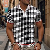 billige Geometrisk polo for menn-Herre Ruter Vaffel poloskjorter Golf skjorte Kortermet Poloskjorter Skjorter med krage Årgang Fritid Ferieklær Formell klær Festivalklær Knapper 3D-utskrift Sommer Svart Kakifarget