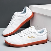 billiga Herrsneakers-vita lädersneakers för män - snygga vardagsskor med orange sula för vardagsbruk
