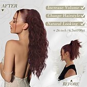 billige Hestehaler-rød hestehale extension - 26 tommer hestehale hair extensions med snøring for kvinner - lang krøllete bølgete syntetiske klips i falske hestehale frisyrer jenter daglig fest - kobberrød