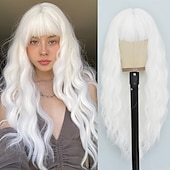 economico Parrucche da festa-parrucca con frangia lunga naturale ondulata parrucche sintetiche per donne 26 pollici di lunghezza parrucche in fibra resistenti al calore per uso in festa cosplay parrucche di carnevale