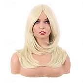 preiswerte Party Perücken-20 Zoll  50 cm lange gestufte Perücke mit Pony gerade synthetische Faser schulterlanges Haar für tägliche Nutzung oder Partyperücke (blond) Halloween-Perücken