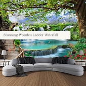 cheap Landscape Tapestry-Beautiful wooden ladder waterfall scenery tapestry hanging cloth background cloth decorative cloth hanging cloth