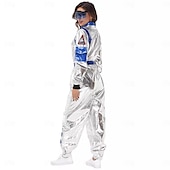  カップル用宇宙飛行士コスチューム ジャンプスーツ カーニバルコスチューム ワンジー マスク付き グループコスチューム 男性用 女性用 シルバー 宇宙服 刺繍パッチ付き