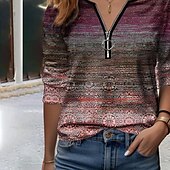 billige Boho t-skjorte-Dame T skjorte Grafisk Mote Langermet V-hals Halv glidelås Vanlige topper Daglig Helg Trykt mønster Quarter Zip Blå Brun Grønn Vår &amp; Vinter
