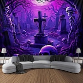 baratos tapeçarias de parede de halloween-Tecido de Halloween Caveiras Tecido de Luz Negra Reativo UV Brilho no Escuro Cemitério Nebuloso Pendurado Arte de Parede Mural para Sala de Estar Quarto