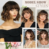 voordelige Synthetische trendy pruiken-bruin met lichtbruine pruiken korte golvende bob pruik met pony halflang synthetisch haar voor dagelijks feest (12 inch)