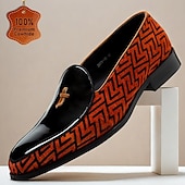 abordables Mocasines de cuero de primera calidad-Mocasines estampados de diseñador para hombre: elegantes zapatos de vestir planos con un diseño único en naranja y negro para salidas formales e informales.